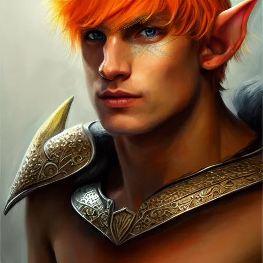 Image similar to portrait painting of a very young elven man with short light orange hair and tribal tattoos on his face wearing fur armor, sharp focus, award - winning, trending on artstation, masterpiece, highly detailed, intricate. art by james ryman