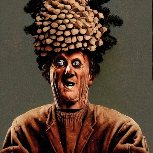 Image similar to pine cone headed man with hard black eyes very surprised, rule of thirds, super sharp, 4 k, ultra detailed, norman rockwell, richard corben.