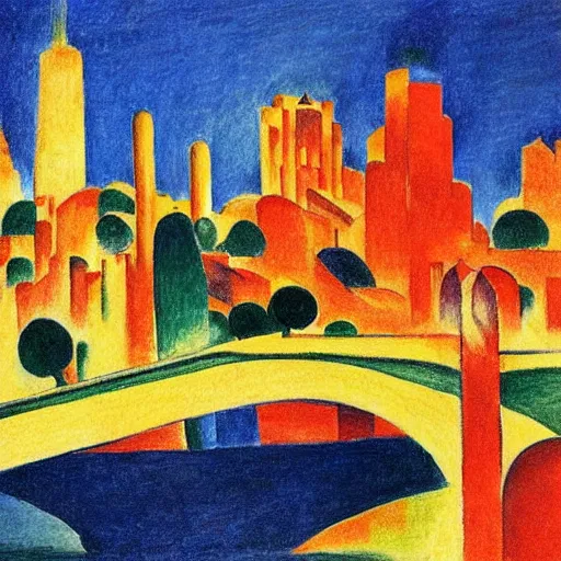 Prompt: A beautiful drawing of a cityscape with tall spires and delicate bridges. Dreamworks, 1930s by August Macke soothing, kaleidoscopic