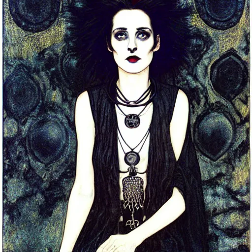 Image similar to death, a young and beautiful pale goth girl wearing a black vest and black punk hair, an ankh medallion hangs around her neck. the actress winona ryder, portrait by joshua middleton and gustav klimt, vertigo comic