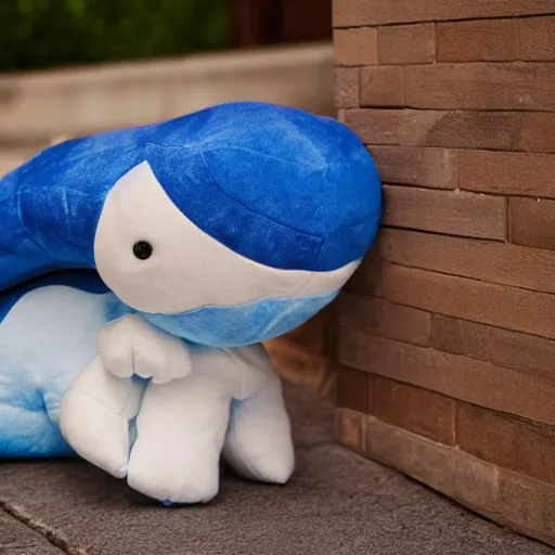 Prompt: blue'snappy gifts'plush doll, on sidewalk, gifts, happy atmosphere, high detail, soft lighting, 8 k