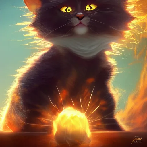 Prompt: cat - goku hybrid, genkidama, golden hour, fantasy, sharp focus, digital art, hyper realistic, 4 k, unreal engine, highly detailed, hd, dramatic lighting by brom, trending on artstation, new cats movie