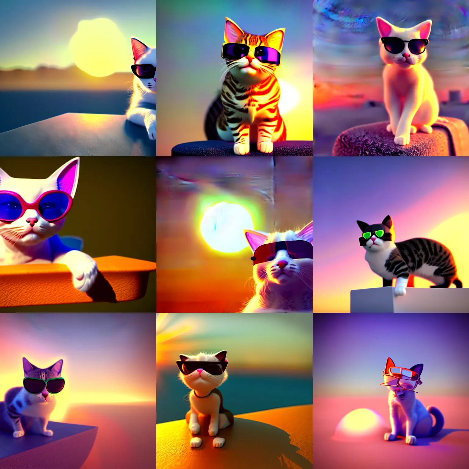 Prompt: 3 d octane render of cute cat character wearing sunglasses relaxing on a cloud at sunrise