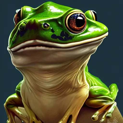 Image similar to a frog sitting on walter white's head, intricate, highly detailed, digital painting, artstation, concept art, smooth, sharp focus, illustration, unreal engine 5, 8 k, art by artgerm and greg rutkowski and alphonse mucha