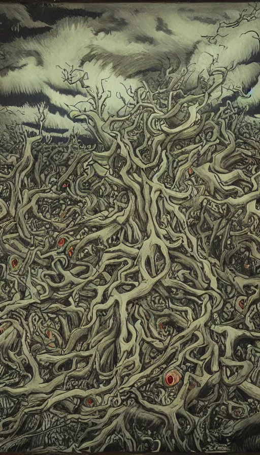Image similar to a storm vortex made of many demonic eyes and teeth over a forest, by zeng fanzhi