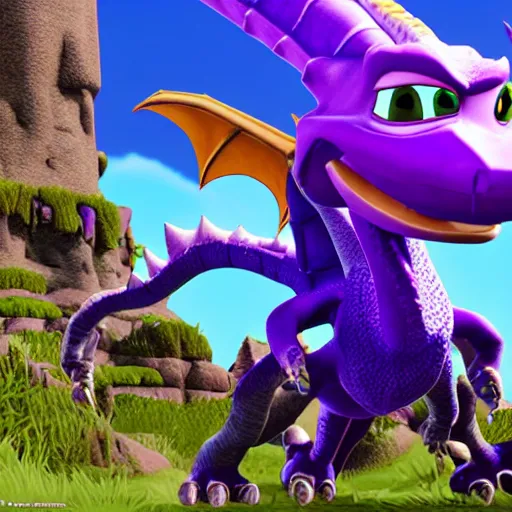 Prompt: Spyro The Dragon breathing fire at his enemy, unreal engine, video game hud,