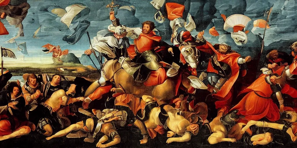 Prompt: renaissance-style painting of knights riding orcas on a battlefield in Italy, very dramatic atmosphere,