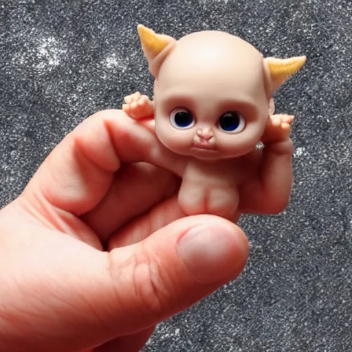 Image similar to a tiny baby demon in the palm of a person's hand, super cute