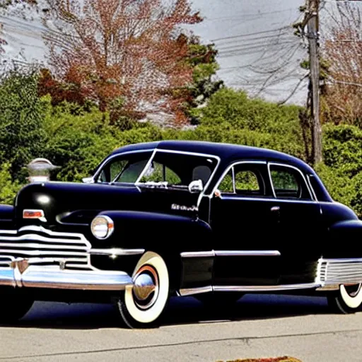 Prompt: 1 9 4 8 desoto car, black, driving through a 1 9 5 0 s town, in the style of norman rockwell