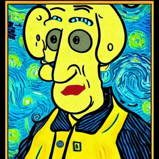 Image similar to handsome squidward portrait, van gogh art style, pop art style, vivid colors