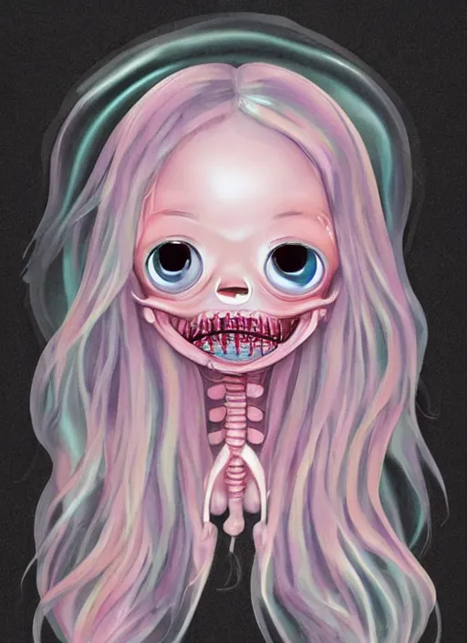 Prompt: plasticy kawaii portrait of a silly bashful squishy saliva sexy nematode princess girl, painfully adorable, soft opalescent membranes, gushy gills and blush, translucent skin shows jejune skeletal details in front of inky black background, friendly, sultry, occult, gelatinous with wittle tiny teeth, artgerm, pixar, disney