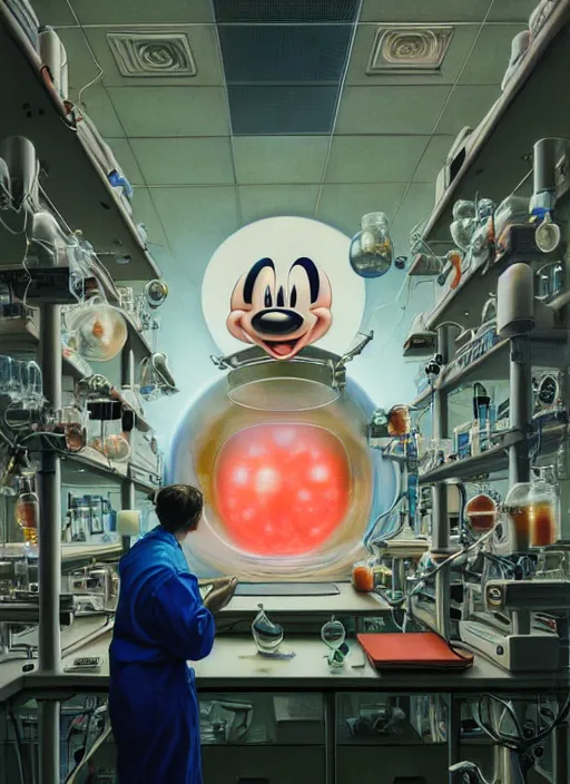 Image similar to scientists in laboratory, single giant mickey mouse face by donato giancola and greg rutkowski and wayne barlow and zdzisław beksinski, netflix logo, military base, colored gels, studio photography, 3 5 mm film look