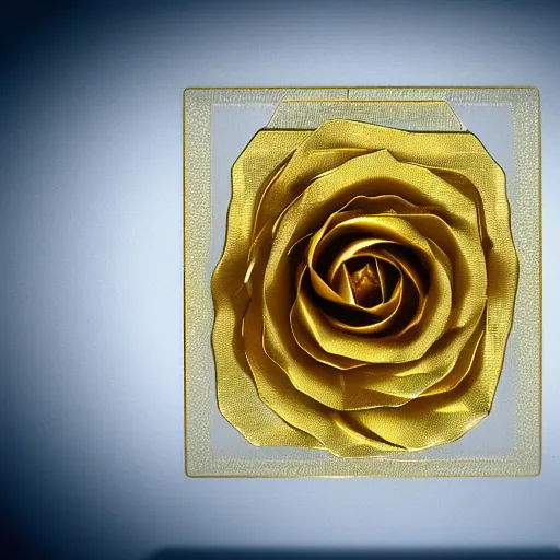 Prompt: a rose made out of highly reflective gold by Pi-Slices and Kidmograph, metallic, volumetric lighting, 8k