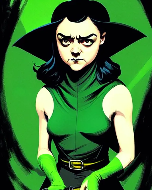 Prompt: rafael albuquerque comic art, peter mohrbacher, phil noto, artgerm, pretty evil maisie williams witch, black and green dress, symmetrical eyes