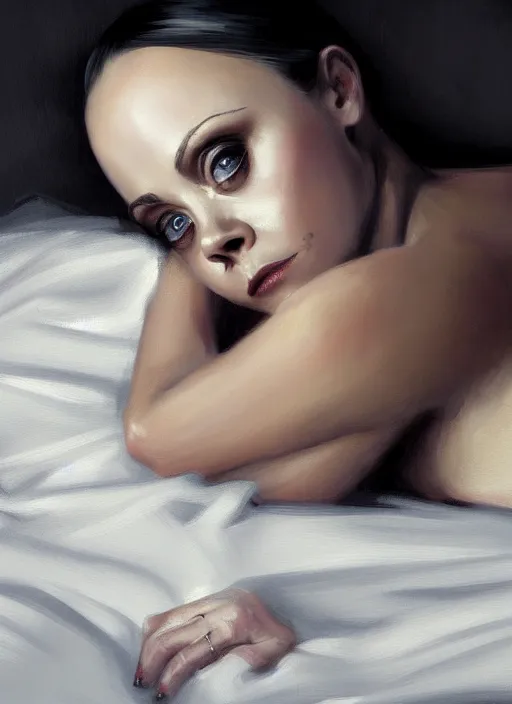 Image similar to christina ricci with clothes on and lying in bed, backround dark, highly detailed, digital illustration, trending in artstation, modern painting, smooth, sharp focus, intricate, einar jonsson, ilya repin