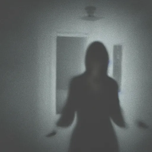 Image similar to a selfie of a woman in a dark room, with a spooky filter applied, in a halloween style.