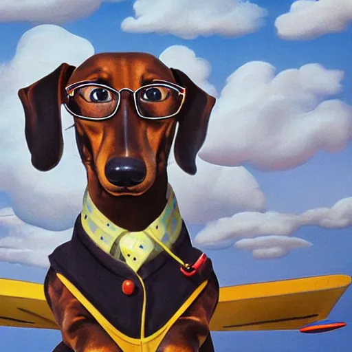 Prompt: a dachshund with glasses piloting a biplane, detailed