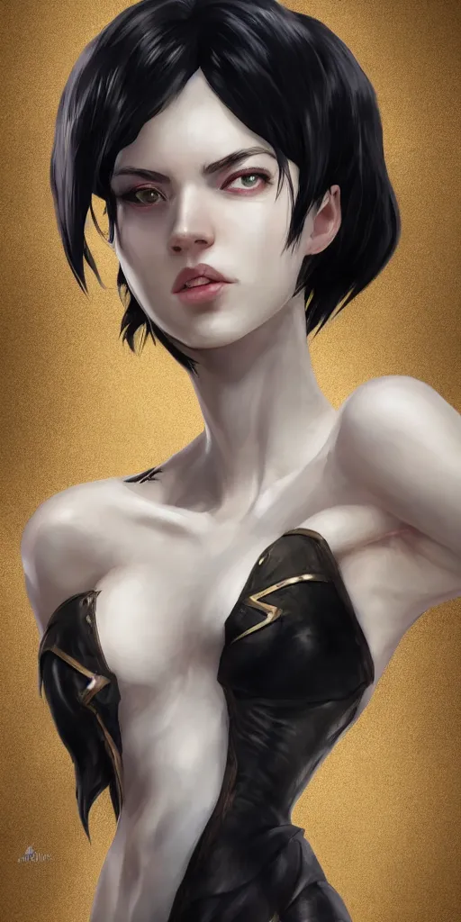 Image similar to tall woman with black hair and pale skin, from league of legends, as human, au naturel, hyper detailed, digital art, trending in artstation, cinematic lighting, studio quality, smooth render, unreal engine 5 rendered, octane rendered, art style by klimt and nixeu and ian sprigger and wlop and krenz cushart!