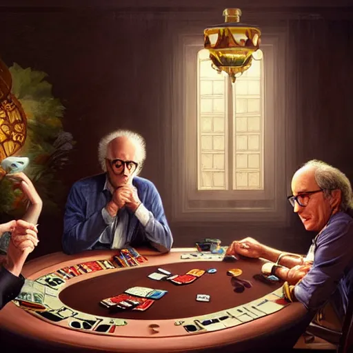 Image similar to larry david playing poker with woody allen, elegant, intricate, digital painting, artstation, concept art, smooth, sharp focus, illustration, art by artgerm and greg rutkowski and alphonse mucha