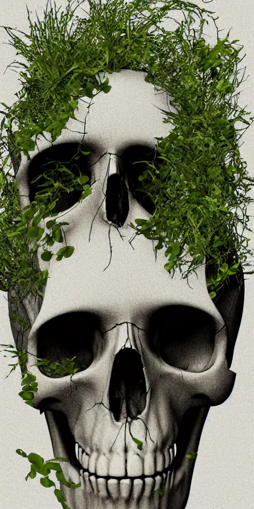 Image similar to abstract overgrown plants skull from a blender render, nature taking back, highly detailed, holography