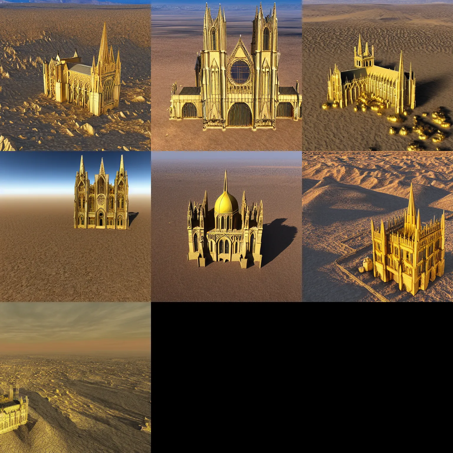 Prompt: gothic cathedral made of gold in a desert plateau ,view from above,8k,photorealistic,