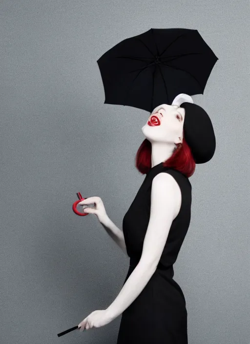 Image similar to a beautiful white pale skin girl, grey background, black dress, vibrent red lipstick, a black hat, black umbrella