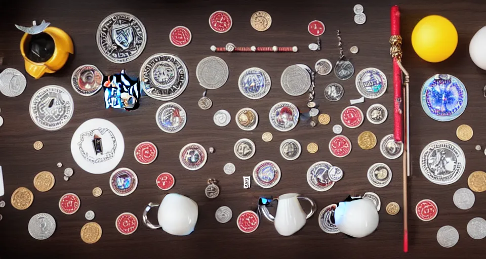 Image similar to a knolling of magicians apparatuses, wands, linking rings, playing cards, coins, cups and balls, overhead view, flatlay