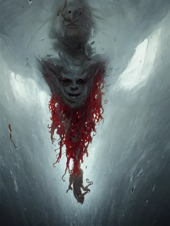 Image similar to painting by greg rutkowski a flying human head with tears running down it's face face that is chalk white in color, with long white!! tentacles!! stemming from it's neck, fiery scorching red eyes, flying in a terrying hellish dark cavernous place