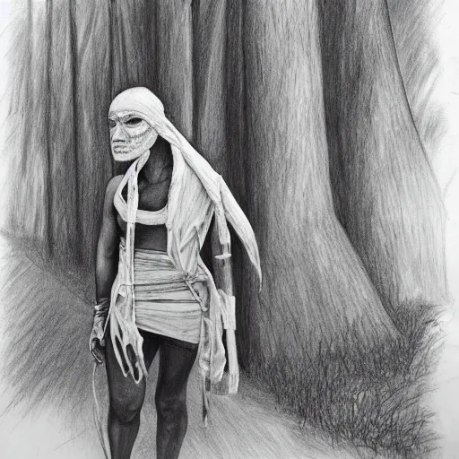 Prompt: bandaged mummy walks through camp, in jungle, pencil drawing, high resolution,