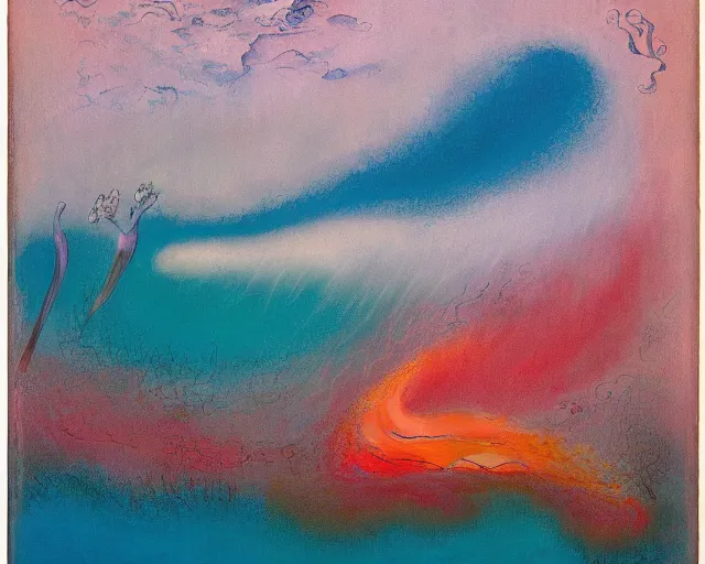 Image similar to Ocean waves in a psychedelic dream world. DMT. Curving rivers. Zao Wou-ki. Yves Tanguy.