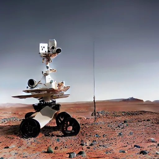 Prompt: zaha hadid, mars rover style peaceful mobile biomimetic rugged anemometer station sensor antenna on all terrain tank wheels, for monitoring the australian desert, XF IQ4, 150MP, 50mm, F1.4, ISO 200, 1/160s, dawn, golden ratio, rule of thirds