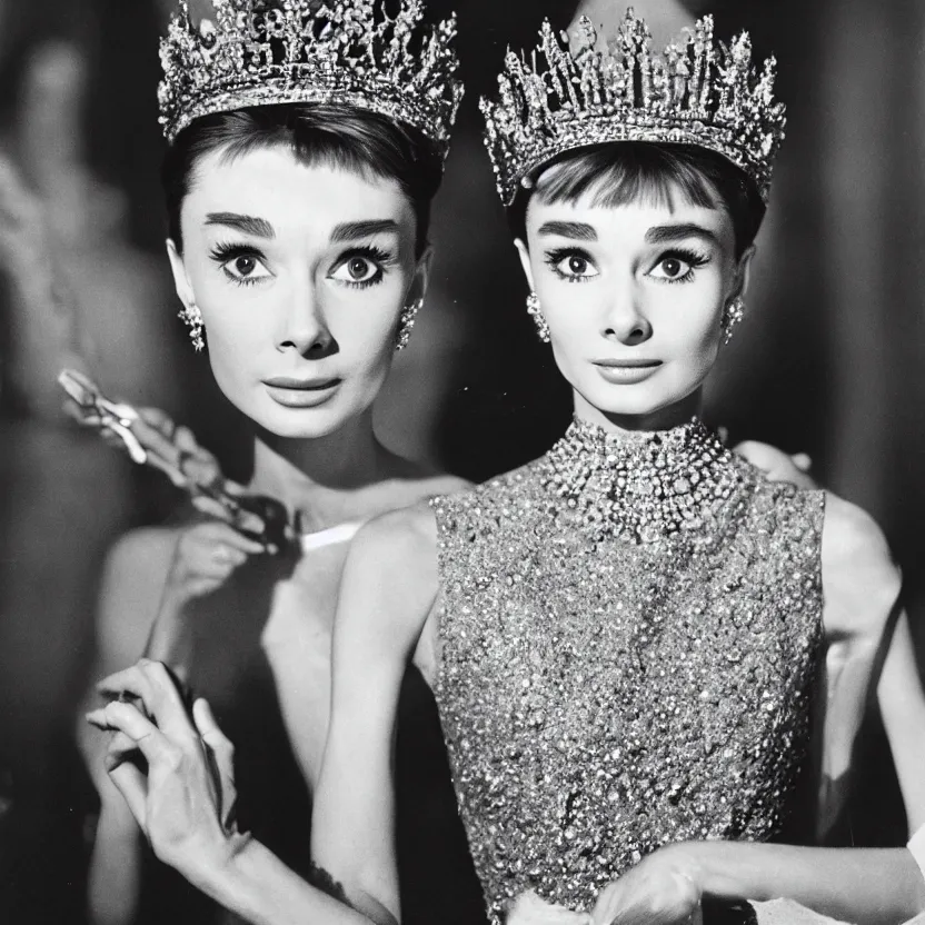 Image similar to portrait of audrey hepburn as a crowned queen, ultra realistic, canon 3 5 mm photography