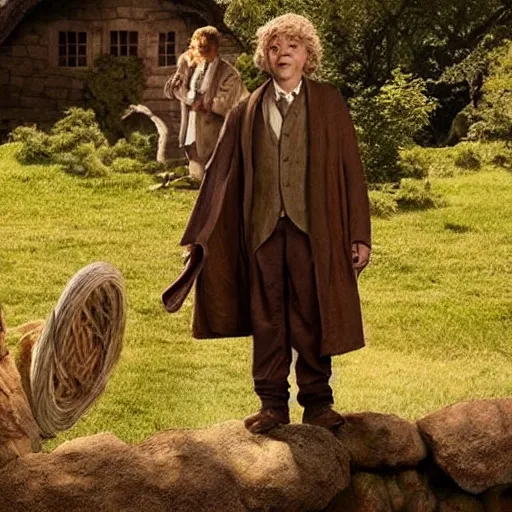 Image similar to barrack obama as bilbo baggins in the shire in the lord of the rings, ultra realistic, cinematic lighting, 3 d