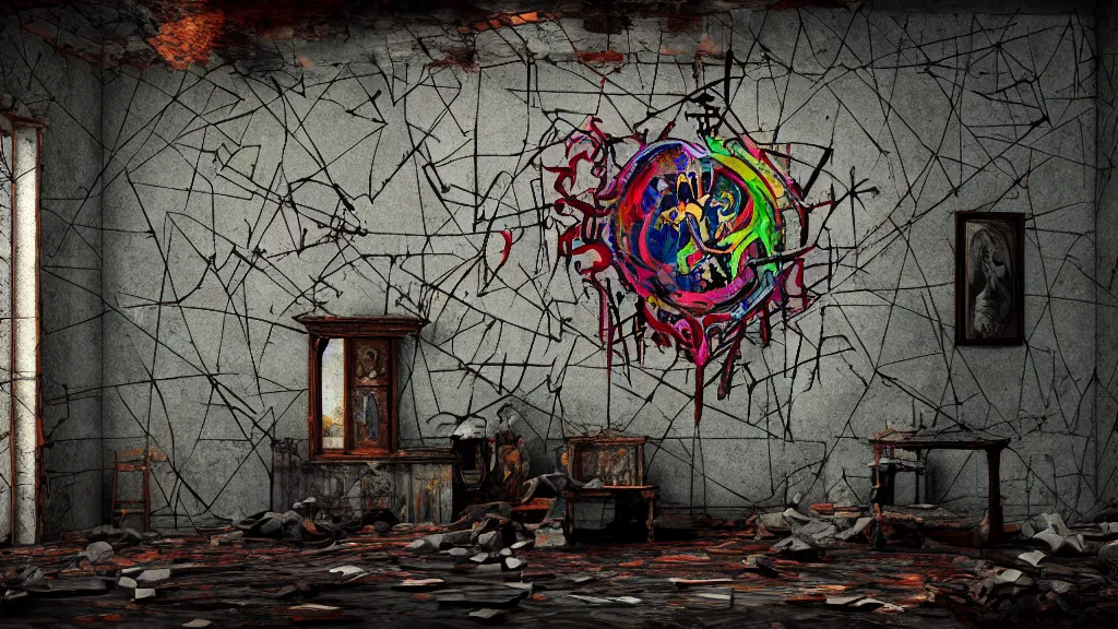 Image similar to a sigil scribbled on the wall, inside a haunted destroyed house, trending on artstation, 8 k, digital photo, unreal engine, colored paint, colorful paint, scary style