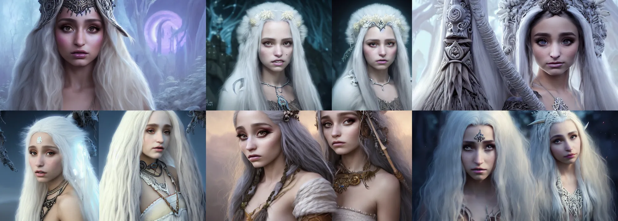 Prompt: ultrarealistic fantasy portrait mage moana ariana grande, long white hair white eyes wearing ivory carved bone mantle gothic ivory bone cloak with intricate details, bone plants, fantasy character octane render, substance painter, cinematic lighting, volumetric lighting, artstation, dnd art, cgsociety, sharp focus, digital painting by artgerm, gerald brom, wlop