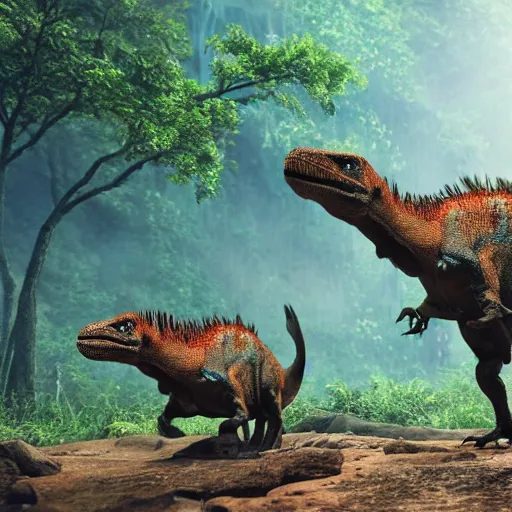 Image similar to 8 k hd detailed octane render of dinosaurs roaming the jungle