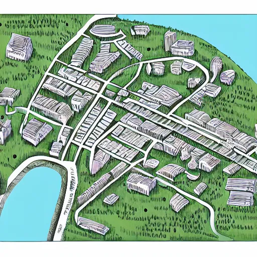 Prompt: a detailed illustrated map of a small town, clean lines, minimalist. defined. science fiction art.