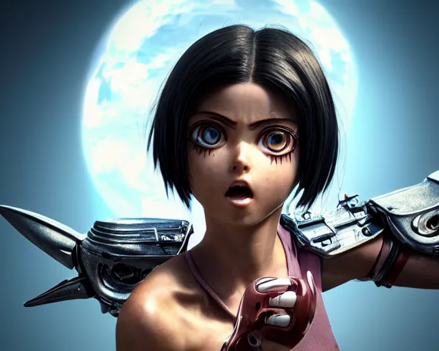 Image similar to battle angel alita, mouth open in awe, doe eyes, photorealistic, lifelike, portrait, octane engine, cinematic lighting, high detail, high resolution