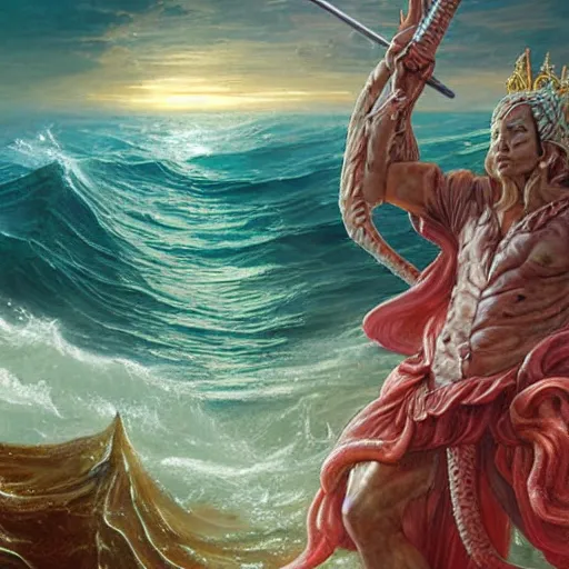 Prompt: close up portrait of god of the sea, with scepter and crown, rising from the ocean by Ross Tran and Thomas Cole and Wayne Barlowe, photorealistic