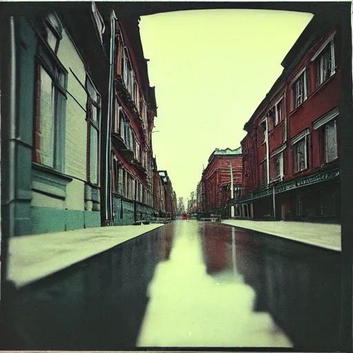 Image similar to low angle wide shot of Petrozavodsk street in the early morning, after rain, polaroid photo, by Warhol,