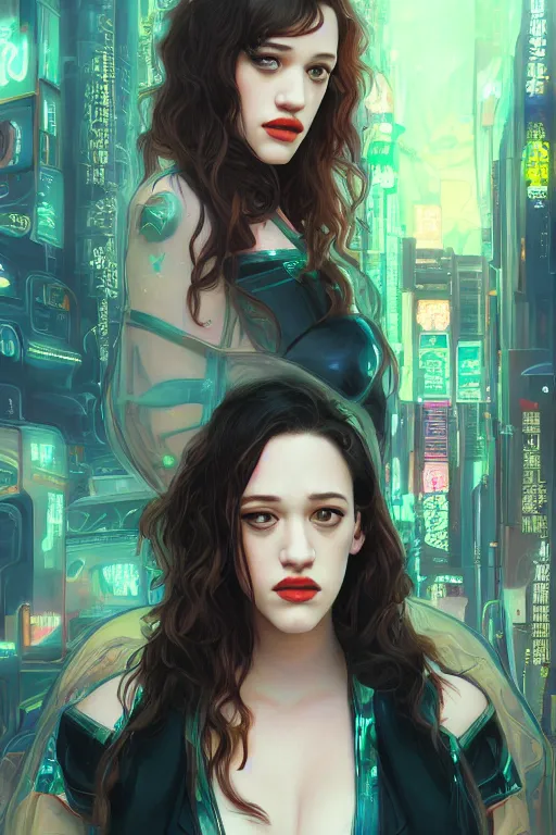 Image similar to portrait futuristic Kat Dennings, in future cyberpunk tokyo rooftop , sci-fi, fantasy, intricate, very very beautiful, elegant, neon light, highly detailed, digital painting, artstation, concept art, smooth, sharp focus, illustration, art by tian zi and WLOP and alphonse mucha