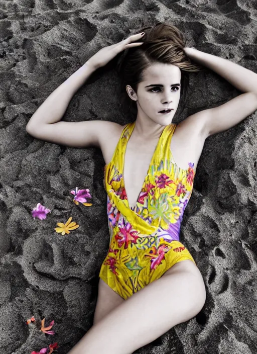 Image similar to Emma Watson for Victorian Secret, perfect face, hot summertime hippie, psychedelic swimsuit, lies, sandy beach, cloudy day, full length shot, shooting angle from below, XF IQ4, 150MP, 50mm, f/1.4, ISO 200, 1/160s, natural light, Adobe Photoshop, Adobe Lightroom, DxO Photolab, Corel PaintShop Pro, rule of thirds, symmetrical balance, depth layering, polarizing filter, Sense of Depth, AI enhanced