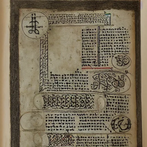 Prompt: page of ancient manuscript diagrams detailed intricate symbols runes crisp features