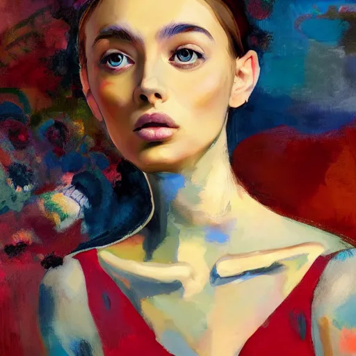 Prompt: portrait of a beautiful stunning young woman sitting with a striking cute face big eyes full figure seductive sensual alluring attractive, in the style of disco elysium, expressionism, artstation, trending, by aleksander rostov, jenny saville, rembrandt, alex kanevsky, wassily kandinsky, dave mckean, yoshitaka amano