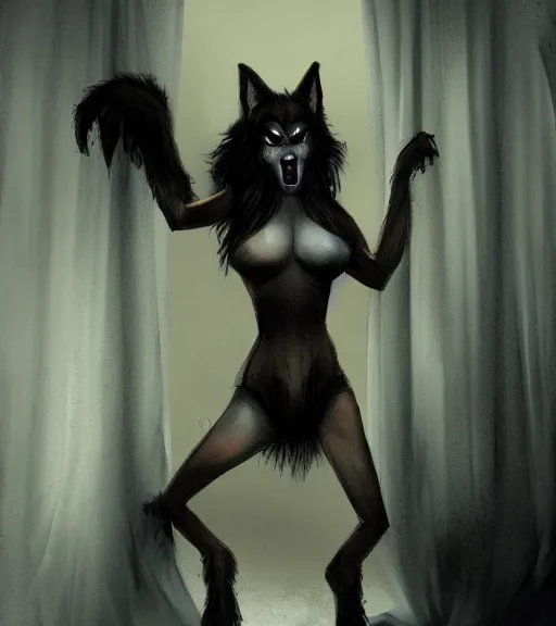 Image similar to werewolf girl in a dark bedroom, anthro, fierce, creepy