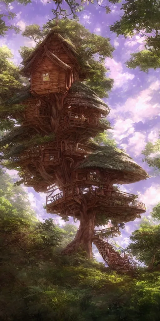 Prompt: beautiful tree house on a forest path, beautiful ancient trees, hiding large treasure chest, serene evening atmosphere, soft lens, soft light, cel - shading, animation, in the style of cgsociety, deviantart, artstation, zbrush, cinema 4 d, studio ghibli, akihiko yoshida, atelier lulua, masamune shirow