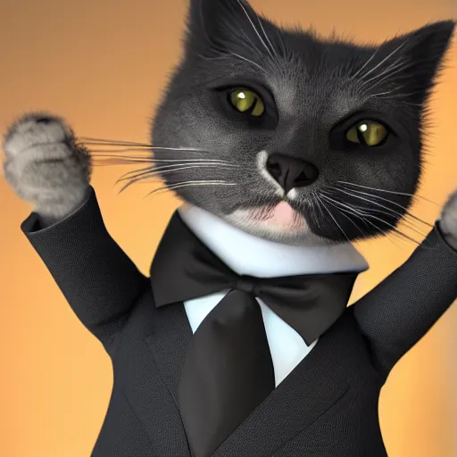 Prompt: cat in suit, irti funny picture, 3 1 5 2 tags cat head, suit smart tux, realistic cat, 4 k, render,