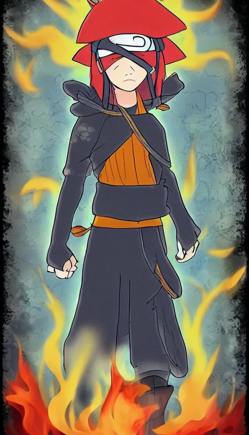 Image similar to a ninjia from the fire kingdom waiting for the bus dawn in the style of the naruto anime, inspired by the Temperacne Tarot card