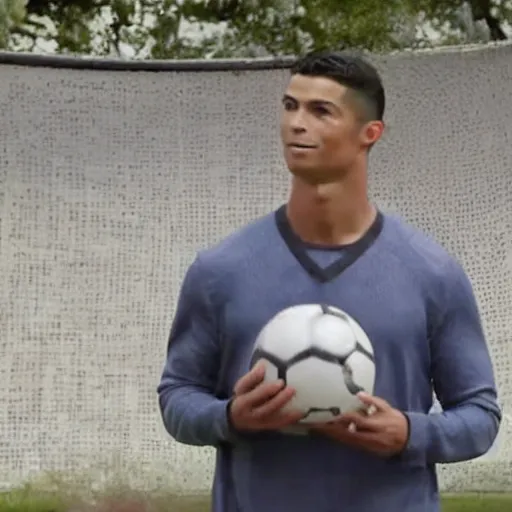 Image similar to a movie still from the antiques roadshow, cristiano ronaldo with a priceless soccer ball, uhd, 8k,