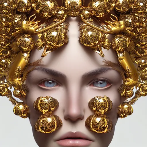 Prompt: a beautiful symmetrical head wearing a crown made of golden ornaments by alex gray and android jones , Karol Bak, Ayami Kojima, Amano , 3D, 8k resolution